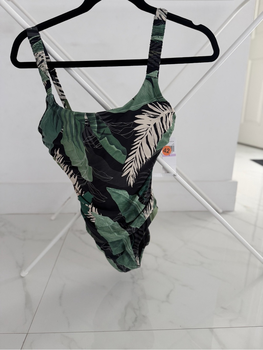 Jantzen Black Swimsuit with Green & Cream Tropical Leaf Print